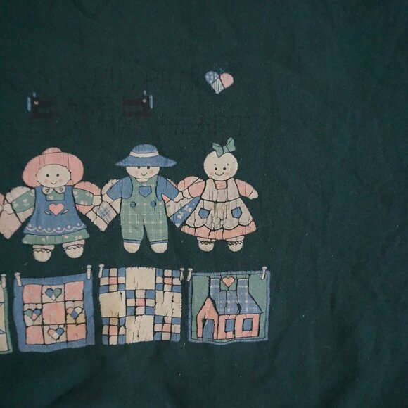 Vintage Green Soffe Sweatshirt Rag Doll Folksy Patchwork Hearts Graphic XL - Picture 8 of 11